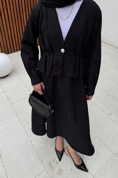 lamelif Button Detailed Skirt-Jacket Hijab Suit Black