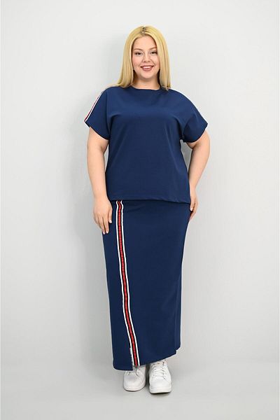 Koza Butik Women's Plus Size Short Sleeve Stripe Skirt Suit 8204-25