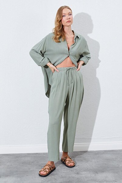 TENA Women's Khaki Elastic Waist Carrot Cut Linen Trousers