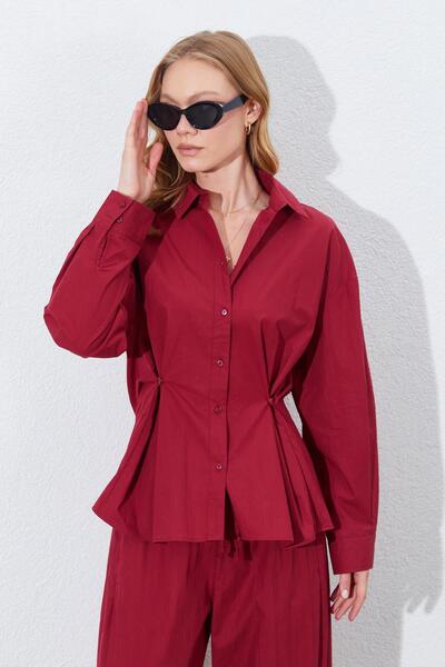 TENA Women's Burgundy Waist Button Detailed Shirt