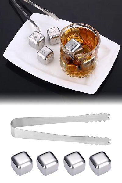 MUJGAN Set of 4 Steel Ice Cubes and Tongs