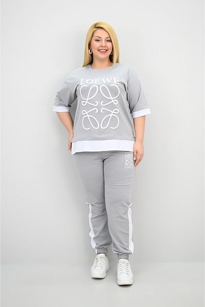 Koza Butik Women's Plus Size Short Sleeve Embroidery Detailed Garnished Tracksuit Set 8192-25