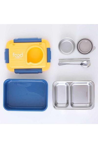 Fab N Funky Clip Lock Lunch Box with Food Jar, Durable, Lightweight, 2 Compartment - Blue/Yellow
