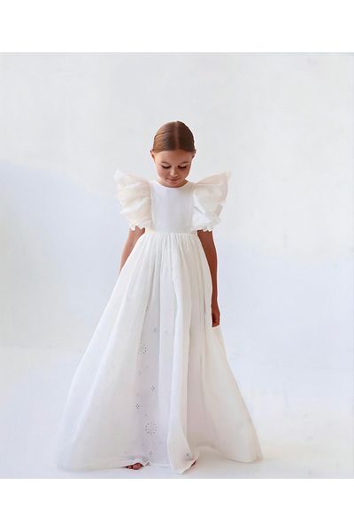 Asel Kids Girl's white cotton long special occasion dress
