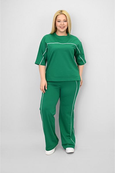 Koza Butik Women's Plus Size Short Sleeve Loose Leg Tracksuit Set with Intermediate Piping Detail 8189-25
