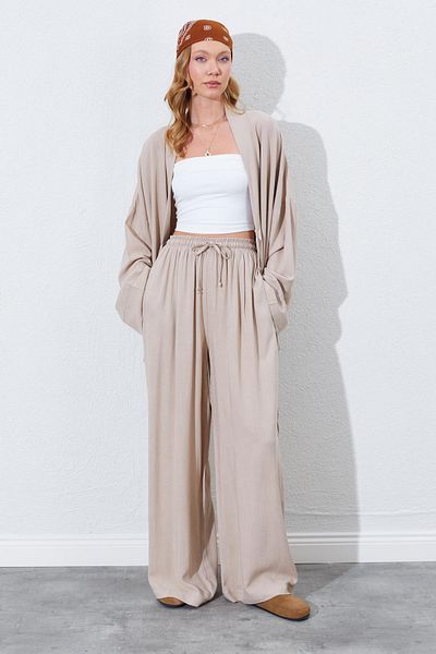 TENA Women's Dark Beige Elastic Waist Palazzo Linen Trousers