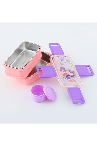 Fab N Funky Unicorn Themed Lunchbox, Two Layers, Compact, Lightweight, 3 Years+, 18.5 x 10.8 x 11.1 cm - Pink