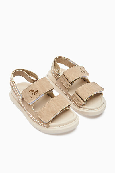 Limoya Sanna Beige Embroidery Detailed Velcro Women's Sandals