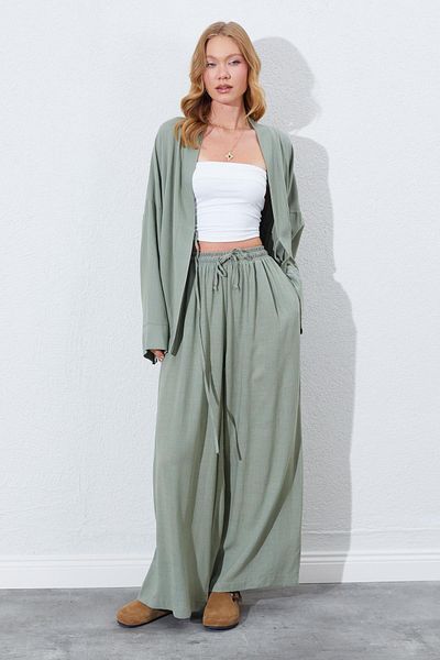 TENA Women's Khaki Elastic Waist Palazzo Linen Trousers