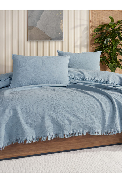 BED LİNE Jakar Daire Çift Kişilik Yatak Örtüsü Seti Açık Mavi Kutulu