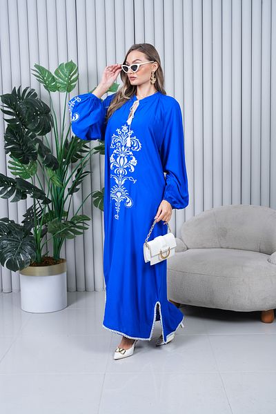EL jadida Women's Embroidered Pompom Viscose Long Dress Saks Blue
