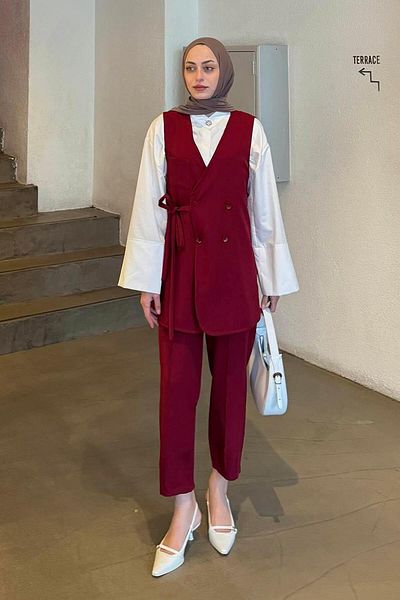 lamelif Pantaloni-Vestă Set Hijab Dublu Roșu Claret