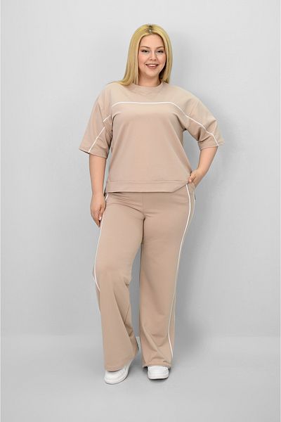 Koza Butik Women's Plus Size Short Sleeve Loose Leg Tracksuit Set with Intermediate Piping Detail 8189-25