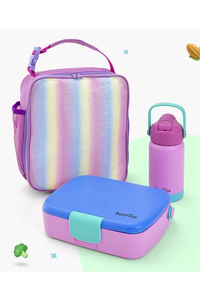 Bonfino Bonfino Lunch Box with Bottle and Lunch Bag, Leak-Resistant, Blue and Purple - 3 Pieces