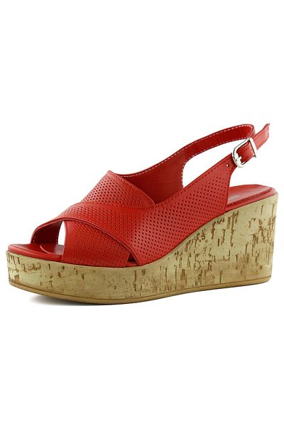 Erkan Saçmacı Serie Red Genuine Calfskin Hole Detailed Cork Sole Look Wedge Heeled Sandals
