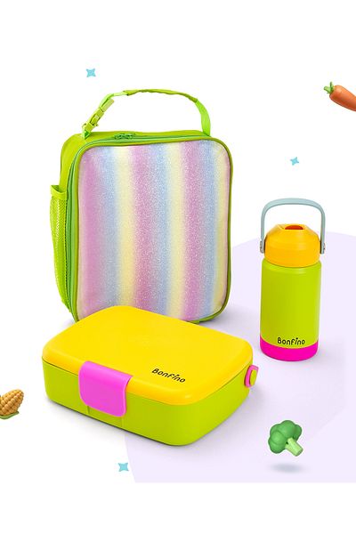 Bonfino Bonfino Lunch Box with Bottle and Lunch Bag, Leak-Resistant, Yellow and Green - 3 Pieces