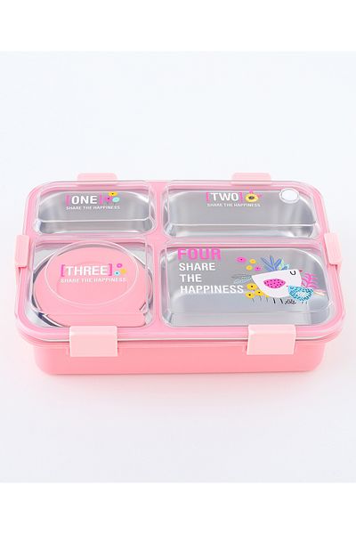 Fab N Funky Kids Bird Themed Lunchbox, Four Compartments, Spacious, Lightweight - Pink