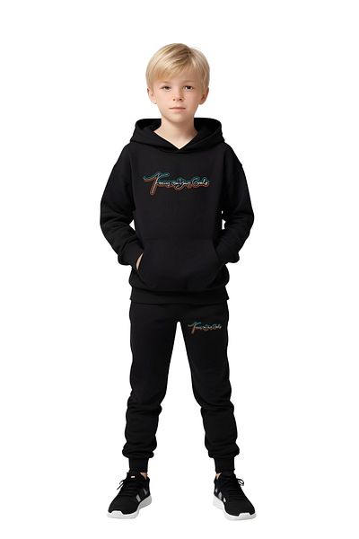 FYK KİDS Boy's Tracksuit Set with Hooded Kangaroo Pocket and Text Print