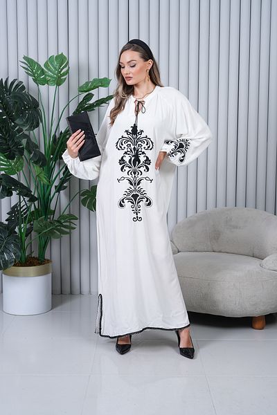 EL jadida Women's Embroidered Pompom Viscose Long Dress White