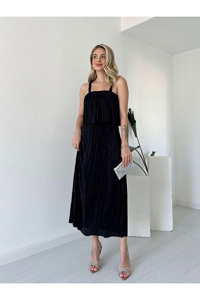 Dks Life Lycra Lined Strap Pleated Shawl Collar Elastic Waist Dress