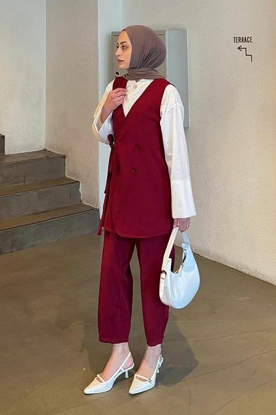 lamelif Pantaloni-Vestă Set Hijab Dublu Roșu Claret