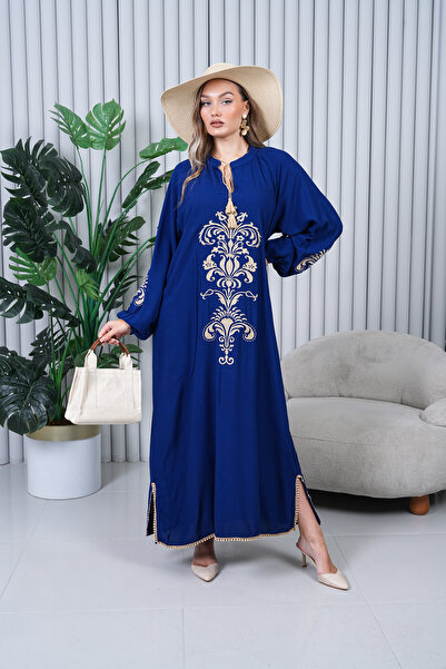 EL jadida Γυναικείο Κεντημένο Πομπομ Βισκόζη Μακρύ Φόρεμα Navy Blue