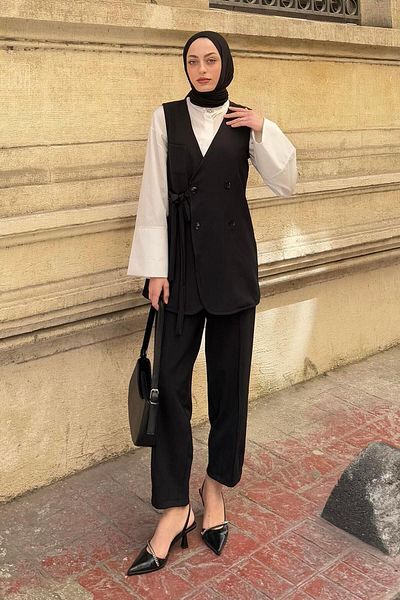 lamelif Pants-Vest Double Hijab Suit Black