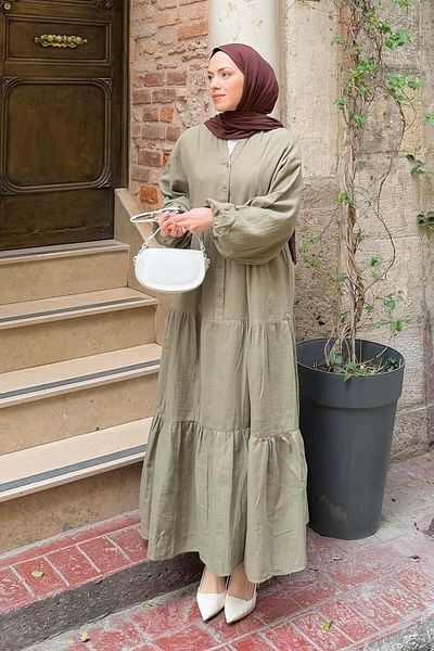 lamelif Front Half Button Detailed Muslin Fabric Hijab Dress Oil Green
