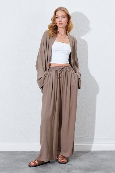 TENA Women's Soil Waist Elastic Palazzo Linen Trousers