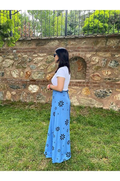 Sobe Hediyelik Fusta înfășurată în talie cu model de flori albastre - Model de vară cu cravată - cu centură