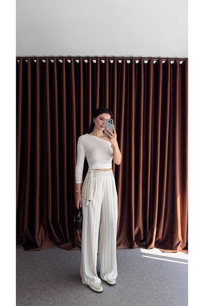 HAZELANNA Striped Palazzo Trousers with Girdle Belt