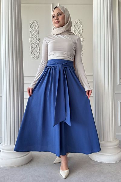 InStyle Pleated Belt Detail Saks Blue Skirt