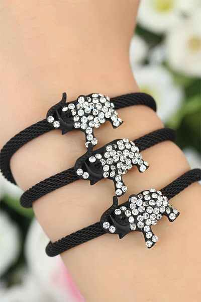 BESKAR Black Zircon Stone Metal Bracelet with Elephant Accessory