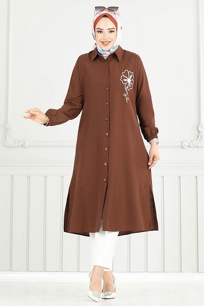 ModaMerve Λεπτομέρεια κεντήματος Hijab Tunic 4095PM1063-M Καφέ