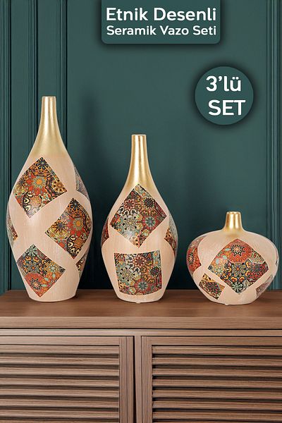 Meleni Home Σετ βάζο Elegance 3 τεμαχίων - Διακοσμητικό βάζο με κεραμικό έγχρωμο έθνικ σχέδιο