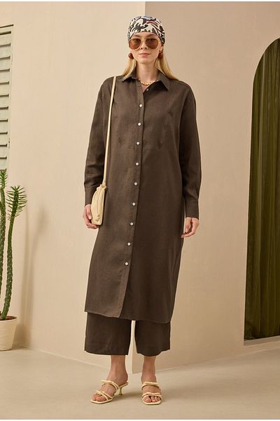 HEQA Raw Linen Long Shirt Hazelnut