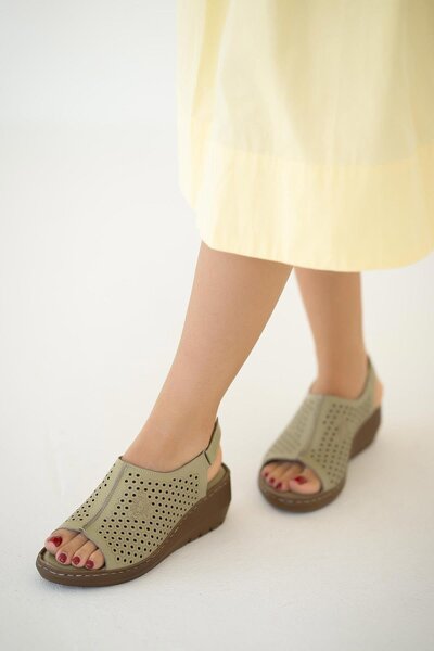 Parponi New Women's Genuine Leather Wedge Heeled Shoes Green