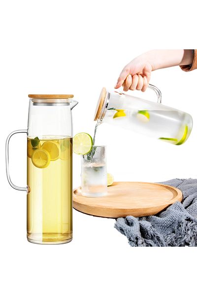 Köken 2 Carafes 1.4L Borosilicate Glass, Pitcher With Airtight Lid Bamboo, 26x8.5 Cm, -20°C To 150°C
