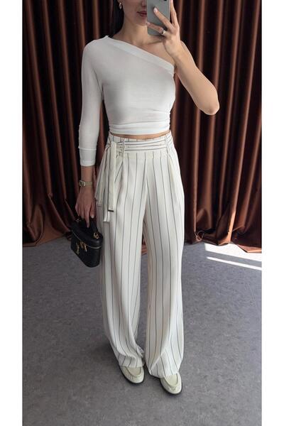 HAZELANNA Striped Palazzo Trousers with Girdle Belt