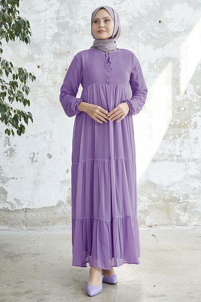 InStyle Yoryo Lavender Chiffon Dress with Lace-Up Collar