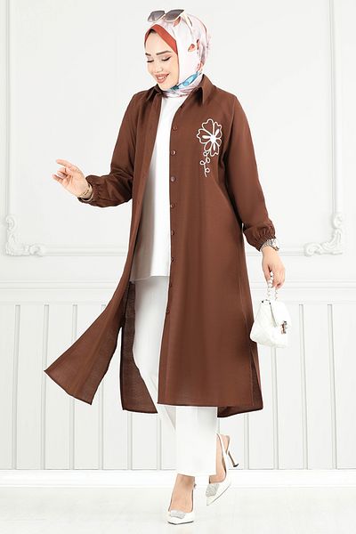 ModaMerve Λεπτομέρεια κεντήματος Hijab Tunic 4095PM1063-M Καφέ