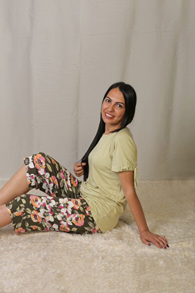 emsal özgür tekstil طقم بيجامة نسائي بأكمام مطرزة بالزهور