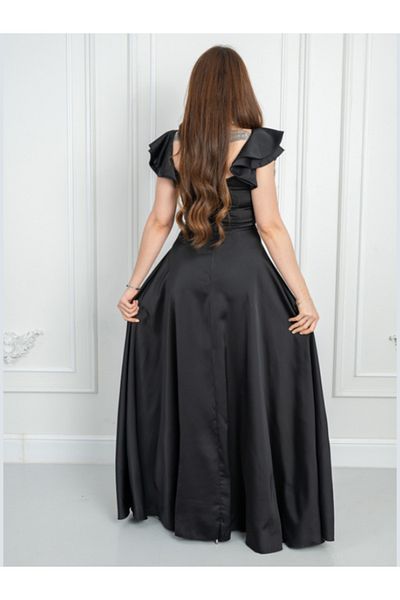 Nice Model Elegant Black Evening Gown Pearl Embellished Formal Dress Off Shoulder Design Women