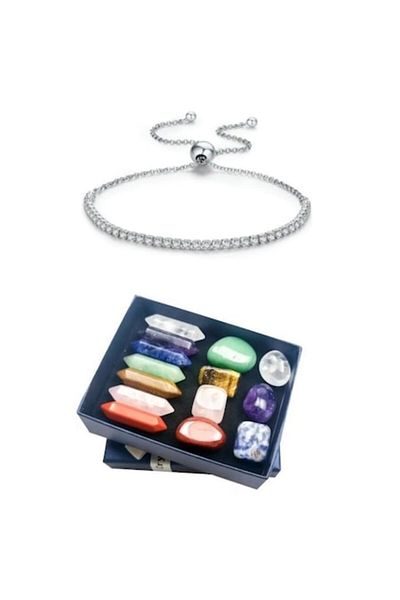 TrioStore Sparkling Tennis Clear Silver Bracelet Set with 7 Polished Semi-Precious Stones and 7 Crystals