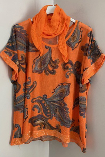 AYASOFYA OTANTIK Women's Italian Orange Scarf Shawl Patterned Sleeves and Hem Sequined Loose Blouse