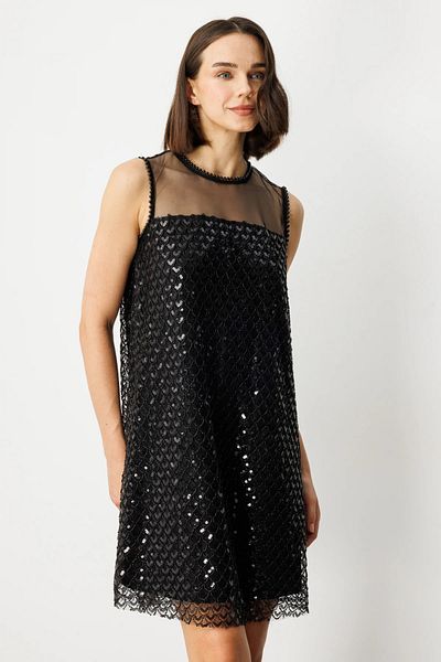 Ekol Sequined and Beaded Above Knee Dress Black-5206