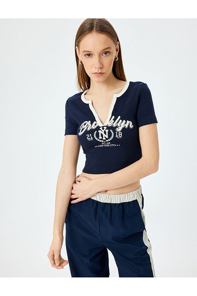 Koton New Season V-Neck Crop Slim Fit College Printed Button T-Shirt