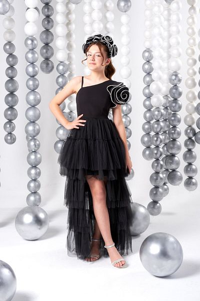SIRRI Girls Black Tulle Sweep Train Evening Dress - for Special Occasion & Graduation 10-15 Years