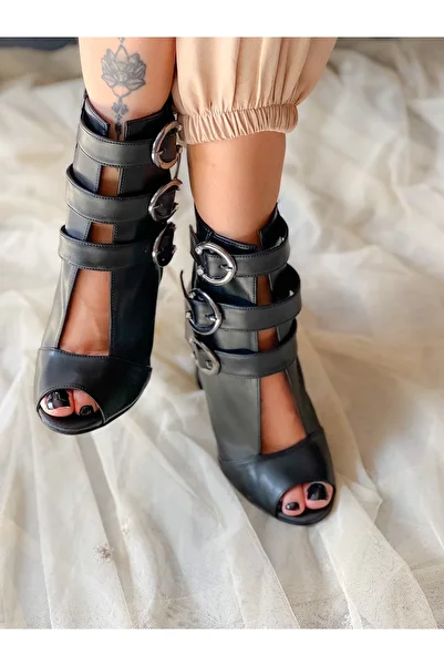 BERFONA Emma Black Leather 10 cm Heel Buckle Sandals
