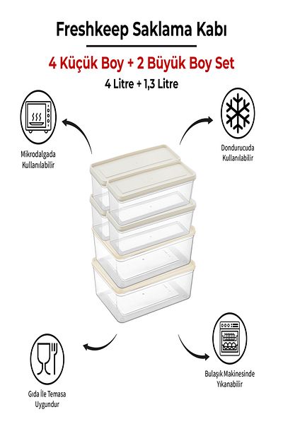 bizimevde 6 Storage Containers (2 Large-4 Medium Size) 4 Liters + 1.3 Liters Deep Freezer Microwave Compatible